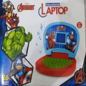 laptop with the Avengers logo and characters