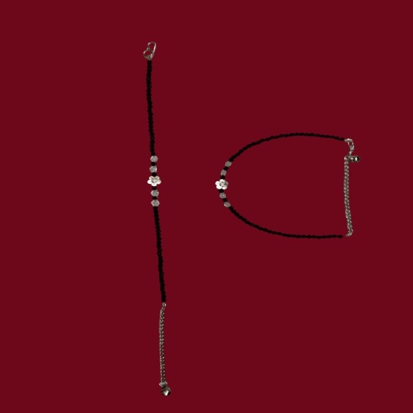 Black Bead Silver Flower Anklet (Pair)