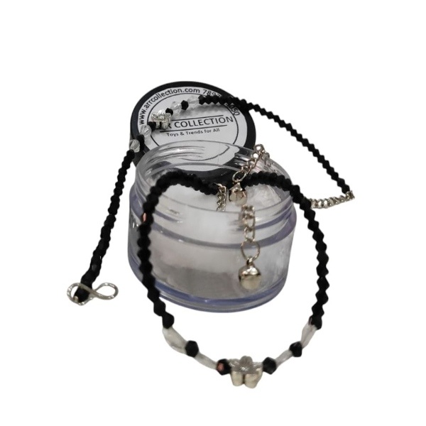 Black Bead Silver Flower Anklet (Pair)